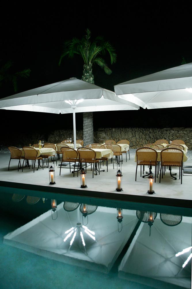 Riesiger Sonnenschirm Gastroschirm Big Ben Von Caravita In Weiss Mit Angesetztem Volant Und Licht Auf Terrasse Am Pool 03.jpg